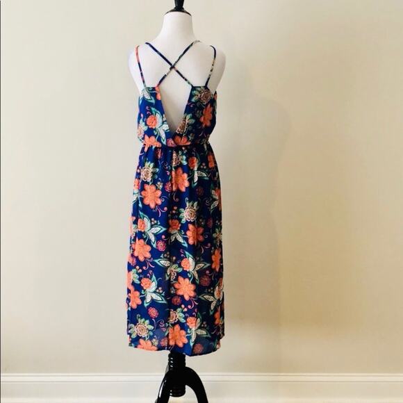 Floral Midi Dress Blue Elastic Cinched Waist - Picture 4 of 6